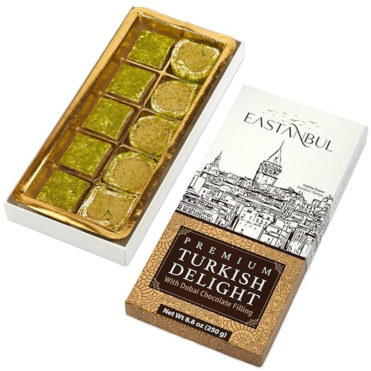Eastanbul Premium Turkish Delight with Dubai Chocolate Filling, 8.8oz, Turkish Delights Pistachio, Lokum, Pistachio Candy Gift Box, International Candy, Lokum