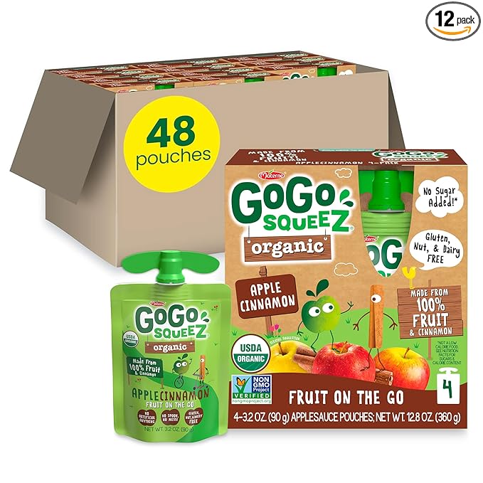 GoGo squeeZ Organic Applesauce and Fruit Puree, Apple Cinnamon, 3.2 oz (Pack of 48), Unsweetened Organic Fruit Snacks for Kids, Gluten Free, Nut Free and Dairy Free, Recloseable Cap, BPA Free Pouches