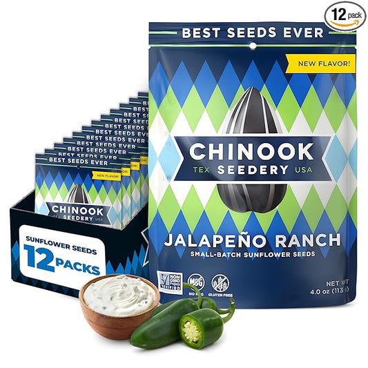 Chinook Seedery Roasted Jumbo Sunflower Seeds - Keto Snacks, Gluten-Free, Non-GMO, Jalapeno Ranch 4 oz (12-Pack)