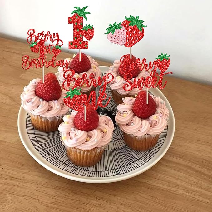 30 Pack Sweet One Cupcake Toppers Glitter First Birthday Strawberry Cupcake Picks for Fruit Baby Shower 1st Birthday Berry One Sweet Cake Decorations Party Supplies Red