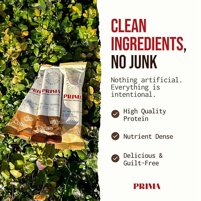 PRIMA ANCESTRAL PROTEIN BAR Grass Fed Protein Bars, 7 Pack ??Animal-Based Protein Bar with Beef Tallow, Raw Honey, Seed Oil Free, Low Carb, Gluten-Free ??Healthy, Energy Snacks for Clean Lifestyle (7 Pack, Variety Pack)