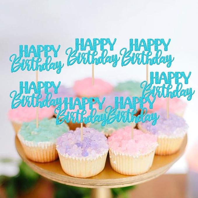 30 PCS Happy Birthday Cupcake Toppers Glitter Happy Birthday Cupcake Picks for Celebrating Birthday Anniversary Theme Party Cake Decorations Supplies Lake Blue