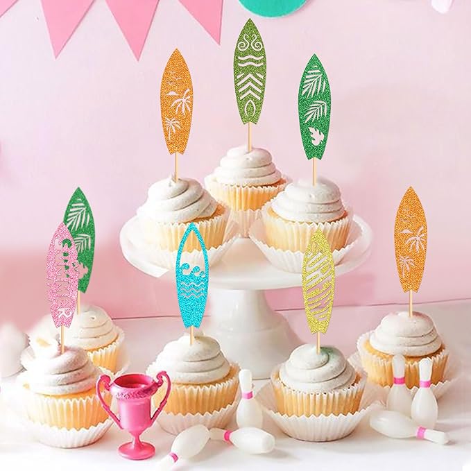 24Pcs Surfboard Cupcake Toppers Swimming Pool Birthday Party Decorations Picks Surfboard Mini Accents for Swimming Pool Summer Beach Party Baby Shower Party Supplies
