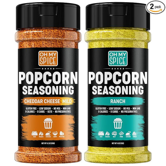 Popcorn Seasoning Variety Pack - Gluten Free & Low Sodium Ranch Seasoning Powder & Cheddar Cheese Powder Flavors. Pop Corn Gift Set. Pop Corn Flavorings Topping Variety Pack. Popcorn Seasonings Kit
