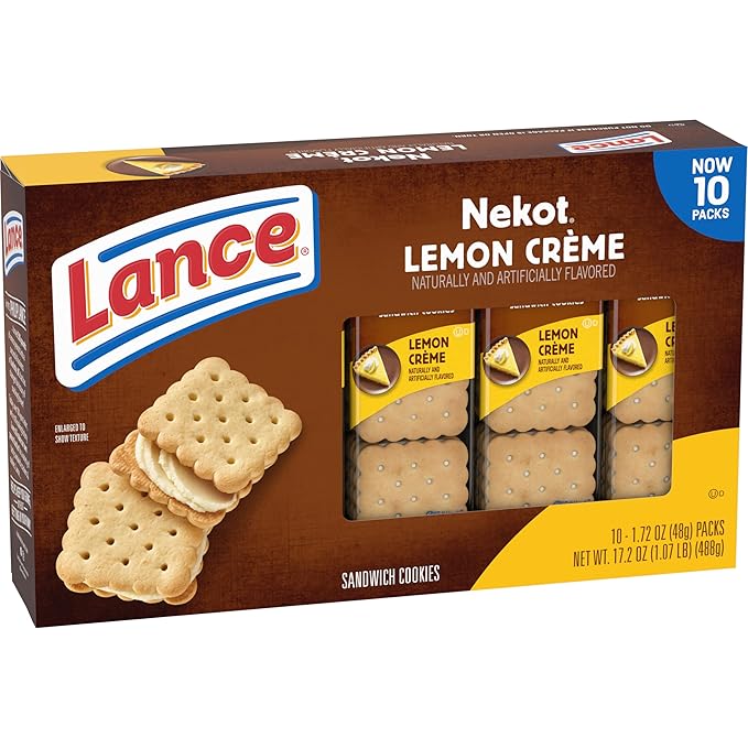 Lance Sandwich Cookies, Nekot Lemon Creme, 10 Individually Wrapped Packs, 6 Sandwiches Each