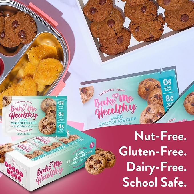 Bake Me Healthy Gluten-Free Cookies - Dark Chocolate Chip Cookies, 10 Snack Packs - Peanut Free, Gluten Free, Egg Free, Dairy Free, Top 9 Allergen-Friendly