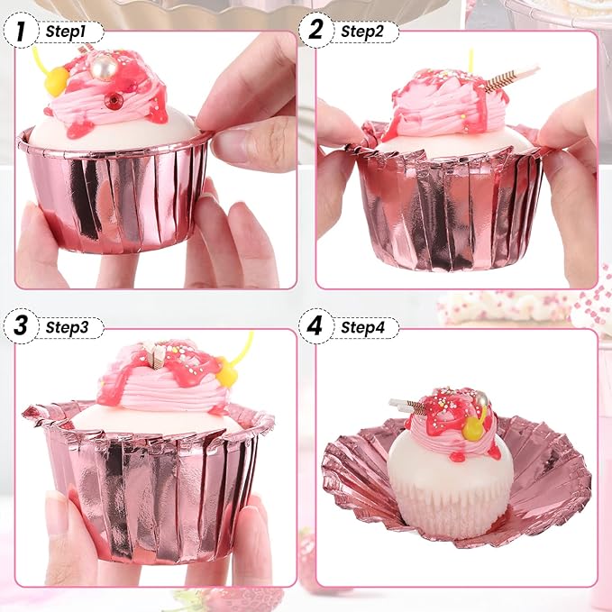 300 Pack Rose Pink Gold Cupcake Cups Bulk Disposable Foil Muffin Liners 3.5 oz Wrappers for Baking Aluminum Paper Mini Metallic Disposable Holiday Party Wedding Festival Supply