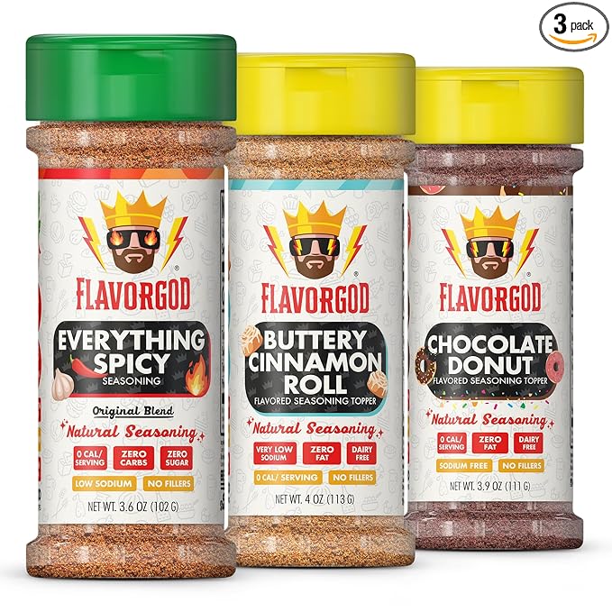 Sweet & Spicy Combo Pack of 3, Spices, Toppers and Seasoning Gift Set - Everything Spicy, Buttery Cinnamon Roll & Chocolate Donut - Premium All Natural & Healthy Spice Blend - Flavor God Seasonings