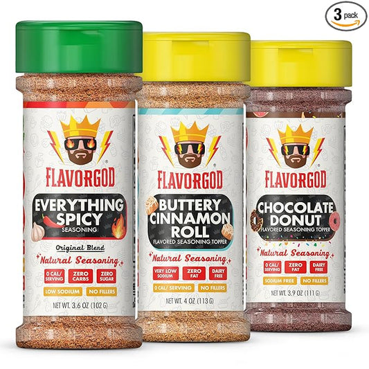 Sweet & Spicy Combo Pack of 3, Spices, Toppers and Seasoning Gift Set - Everything Spicy, Buttery Cinnamon Roll & Chocolate Donut - Premium All Natural & Healthy Spice Blend - Flavor God Seasonings