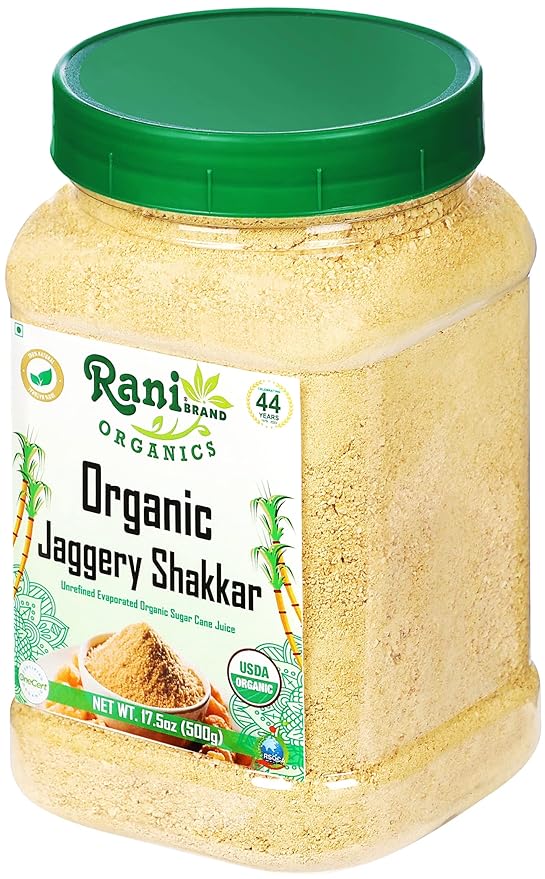 Rani Organic Jaggery Shakkar (Unrefined Evaporated Organic Sugar Cane Juice) 17.5oz (1.1lbs) 500g PET Jar ~ Gluten Friendly | Vegan | NON-GMO | No Salt or fillers | USDA Certified Organic