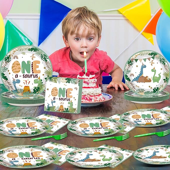 96Pcs One A Saurus Dinosaur 1st Birthday Plates and Napkins Boho Dino First Party Decorations Dinosaur First Dessert Plates Cartoon Jungle Dino 1st Tableware for 24 Guests Kids Birthday Party Supplies