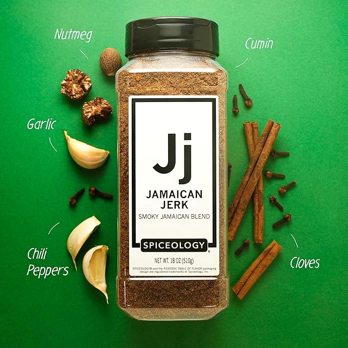 Spiceology - Jamaican Jerk Smoky Caribbean Rub - BBQ Rubs, Spice Blends and Seasonings - Use On: Seafood, Beef, Chicken, Pork, Chili, Squash, Nuts, Vegetables, and Sweet Potato Fries - 18 oz