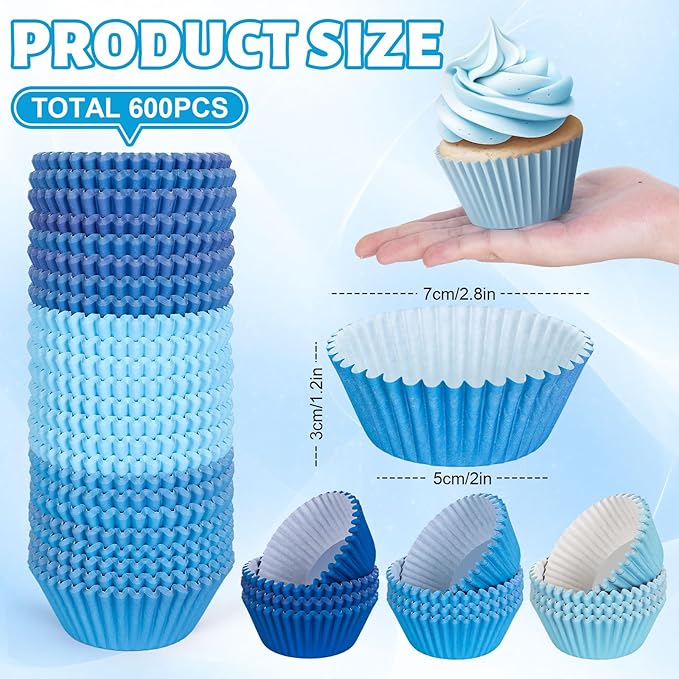 Whaline 600Pcs Blue Cupcake Liners Gradient Blue Baking Cups Holders Cupcake Wrappers Muffin Liners for Celebration Gathering Birthday Party Supplies Decor