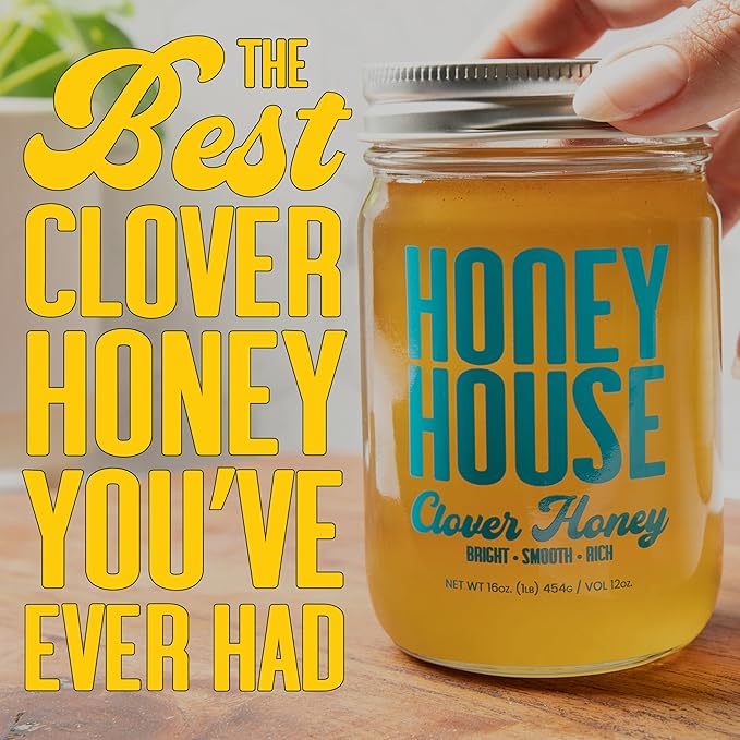 Honey House 100% Raw Clover – 100% Pure, Unfiltered & American-Sourced – Natural Sweetener in 12oz Glass Jar – No Additives, Non-GMO, Sourced only from American bee barmers (12 Fl Oz (Pack of 1), Clover Honey)