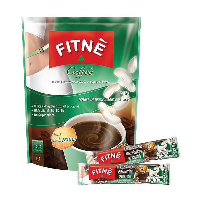 FITNE Instant 3 In 1 Coffee Packets Mix With White Kidney Bean Extract L-Lysine Vitamin B1 B2 B6 Smooth Blend No Sugar Sucralose Sweetener, 10 Sticks