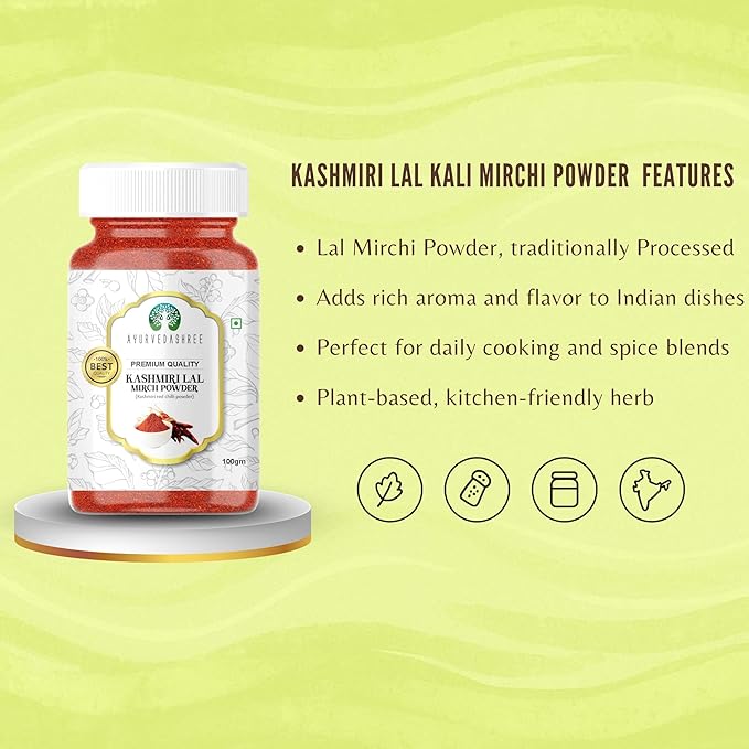 AYURVEDASHREE Kashmiri Chilli Powder (Deggi Mirch, Low Heat) Ground Indian Spice 100gm PET Jar | All Natural | Salt-Free | Vegan | Red Pepper Powder