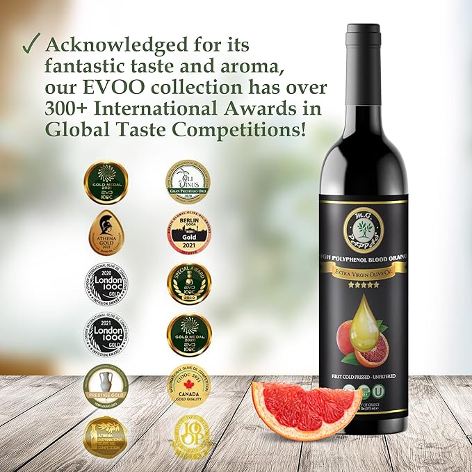 M.G. PAPPAS High Polyphenol Rich Blood Orange-Infused Olive Oil Extra Virgin - Over 500mg/kg - Cold Pressed & Unfiltered - High Hydroxytyrosol Greek Olive Oil Award Winning - 12.7 Oz
