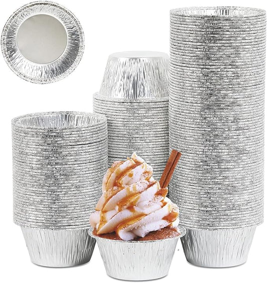 Aluminum Foil Baking Cups, Disposable Ramekin 3 Oz Silver Foil Cupcake liners, 200 Pcs Aluminum Baking Cups Egg Tart Liners for Baking, Cupcake, Pudding, Muffin, Creme Brulee