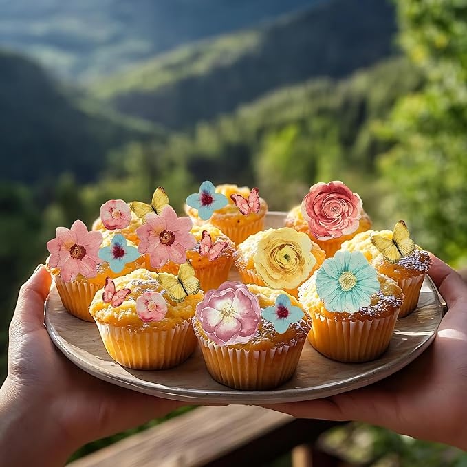 102 PCS Edible Flowers Butterfly Cupcake Toppers Rose Daisy Butterflies Flowers Cake Toppers Flowers Party Decorations for Wedding Engagement Birthday Party Decorations Supplies Mixed Size & Colour