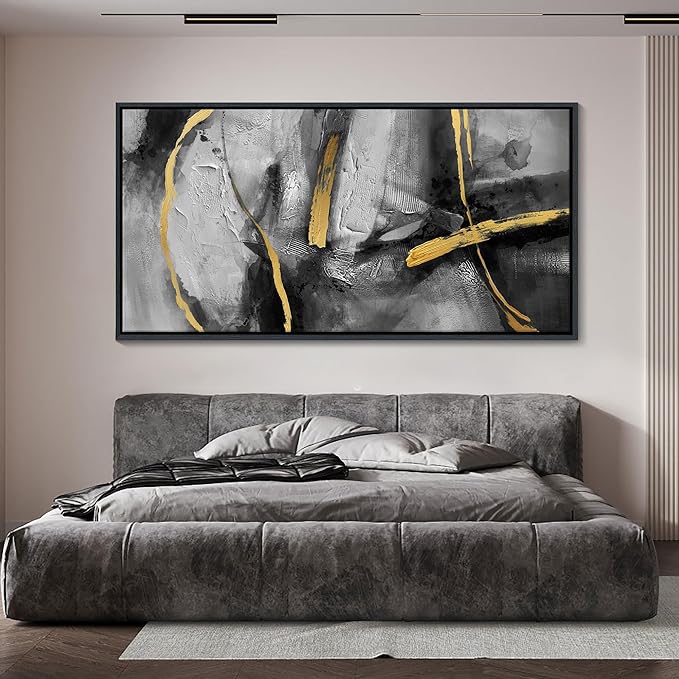 CHATYOUNG Abstract Large Canvas Wall Art for Living Room,Golden Line Canvas Prints, Hand-Painted Bedroom Wall Decor Black Gray Artwork for Home Cafe Kitchen Restaurant Decor, Framed, 29 x 58 In