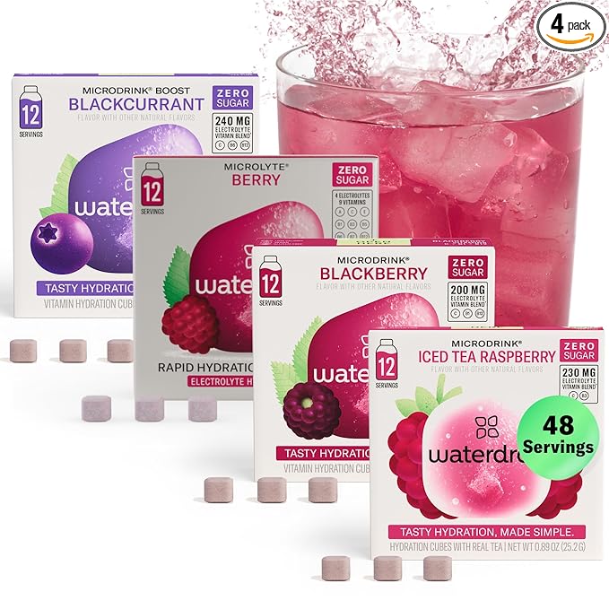 Waterdrop Hydration Cubes Mixed Berry Variety Pack, Zero Sugar Electrolyte & Vitamin Drink Mix, Flavored Water Enhancer Includes Blackberry, Blackcurrant, Microlyte Berry, Ice Tea Raspberry, 48 Count
