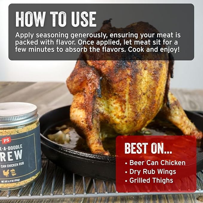 PS Seasoning Cock-A-Doodle Brew - Beer Can Chicken Seasoning - BBQ Seasoning & Rubs for Smoking, Grilling, Roasting - Garlic, Paprika, Honey & Ale Dry Rubs for Poultry, BBQ Chicken, Wings, Thighs