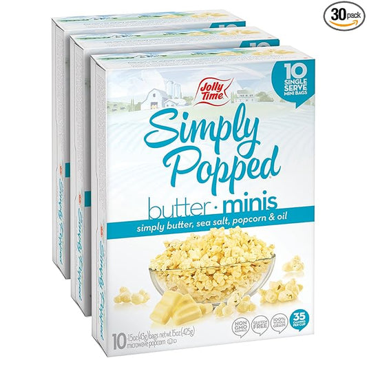 Jolly Time Simply Popped Butter Minis, Lightly Salted Microwave Popcorn, 1.5oz Personal Bag, 10 Bags Per Carton (1.5 Ounce (Pack of 30))
