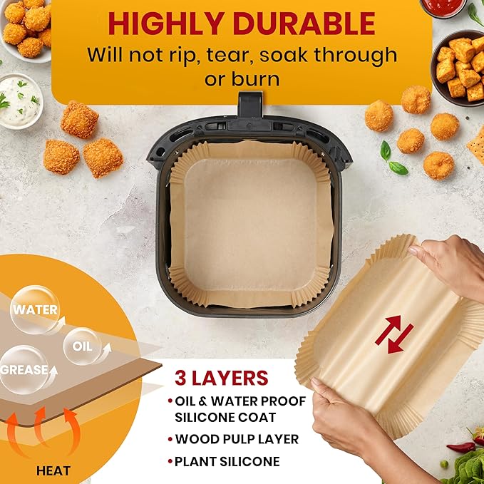 Air Fryer Paper Liners, 125Pcs Air Fryer Disposable Liners, Non-Stick and Oil Proof for Easy Cleanup, 8??Square for 5-8 qt Basket by Baker's Signature