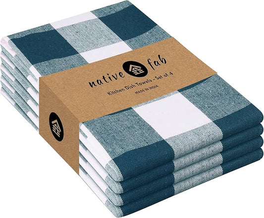 Native Fab 4-Pack Kitchen Towel with Hanging Loop 16x26 inches, Cotton Buffalo Check Kitchen Towels for Cleaning Drying, Washcloths Soft & Absorbent Cloth Rags, Bar Towel, Dish Cloth, Teal Green