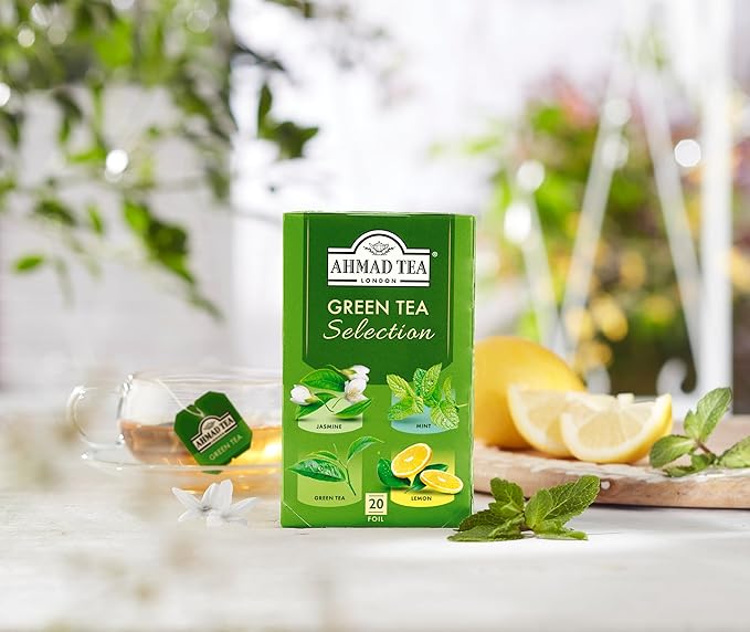 Ahmad Tea Green Tea, Green Tea Selection, Lemon Green Tea, Jasmine Green Tea, Mint Green Tea, & Green Tea Teabags, 20 ct (Pack of 1) - Caffeinated & Sugar-Free