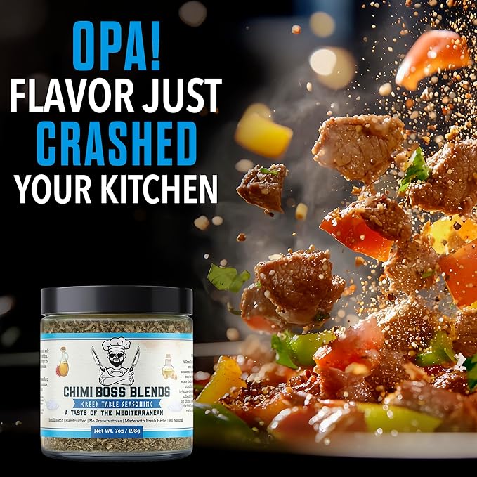 Chimi Boss Greek Table Seasoning, 7oz of Zest ??All-Purpose Mediterranean Herb Blend for Chicken, Veggies, Lamb, Fish and More ??All Natural Bold Greek Flavor Spice Rub