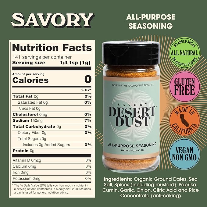Desert Dust Savory Seasoning ??Organic Date Sugar Blend with Cumin, Paprika & Chili | Perfect Savory Spice for Chicken, Fish, Veggies & More | Low-Glycemic, Gluten-Free, No Brown Sugar (5oz)