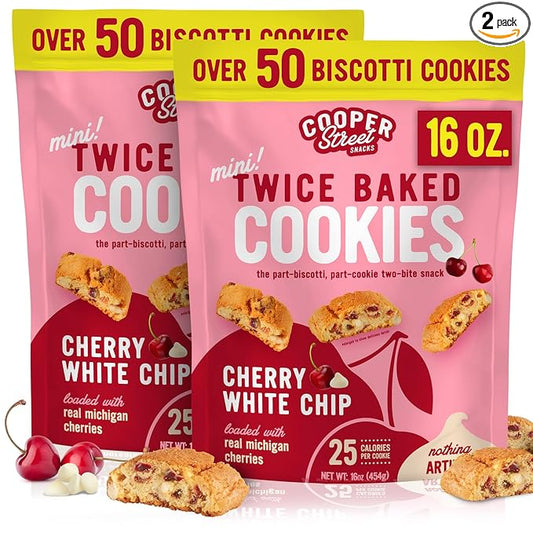 Cooper Street Twice-Baked Cherry White Chip Biscotti Cookies (16 oz Pack of 2) ??Over 50 Biscotti Cookies per Bag Loaded with Real Fruit, Traditional Italian Style Snacks - Dairy, Peanut & Soy Free