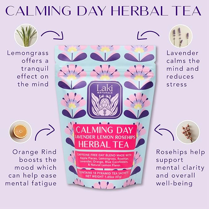 Calming Day Herbal Tea (1.65 oz, Pack of 18 Tea Bags) ??Relaxing Caffeine-Free Tea with Lavender
