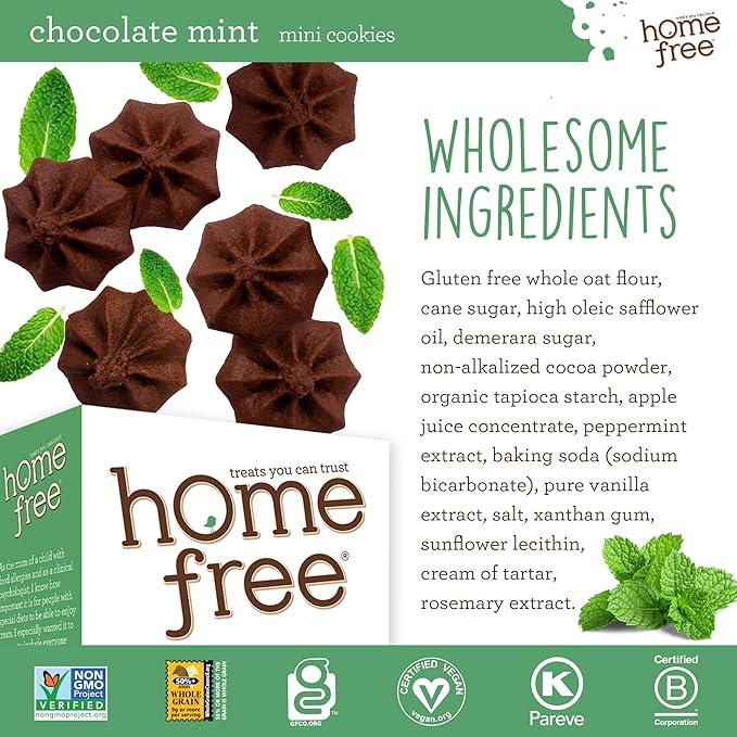 Homefree Chocolate Mint Mini Cookies, Gluten Free, Nut Free, Vegan, School Safe and Allergy Friendly Snack, 5 oz. Box (Pack of 6)