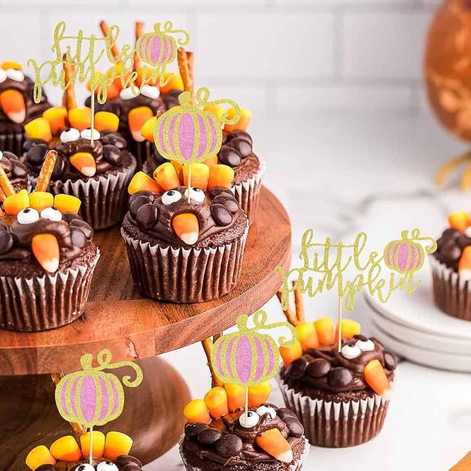 24Pcs Little Pumpkin Cupcake Toppers Fall Pumpkin Cupcake Picks for Thanksgiving Halloween Baby Shower Kids Birthday Party Cake Decorations Supplies - Pink Glitter