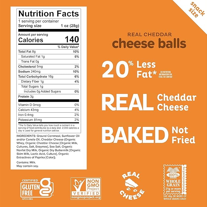 Heirloom Cheddar Cheese Balls by Pipcorn - Cheddar 1oz 24pk - Healthy Snacks, Gluten Free Snacks, Snack Packs, Heirloom Corn, Baked not Fried, Individually Wrapped