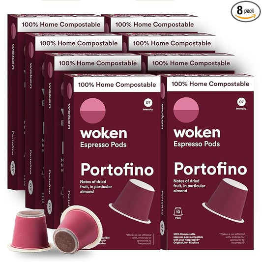 WOKEN COFFEE Compostable Nespresso Pods - Portofino Medium Roast Italian Espresso Coffee Capsules Compatible With Nespresso Coffee Machine (80 Pod Count, 8 Boxes)