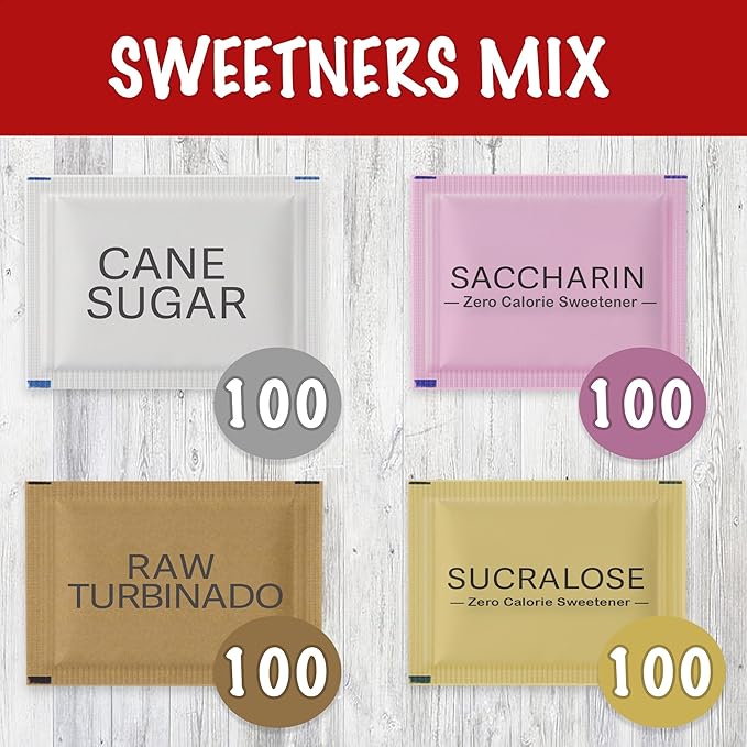 Variety Pack Sweeteners - Assorted mix for Tea, Coffee & Beverages ??Includes Saccharin, Sucralose, Raw Brown & White Sugar ??Convenient, Individually Wrapped Packets (400 Count Total)