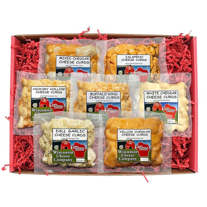 Wisconsin Cheese Company - 100% Wisconsin Cheese Curd Variety Sampler Gift Box - (Pack of 7) | Huge Gift Box | Perfect for Parties, Charcuterie Boards and Birthdays | Cheese Curds