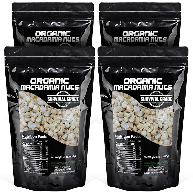 Survival Grocery® Organic Macadamia Nuts – Keto-Friendly Healthy Fats & Plant Protein, Oxygen- & Light-Barrier Packaging + O₂ & Moisture Packs, (Single or Multi-Pack Savings) (96 oz./4 Bags)