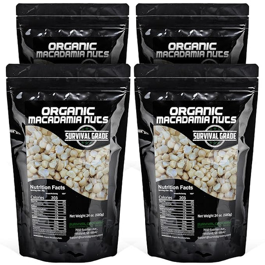 Survival Grocery® Organic Macadamia Nuts – Keto-Friendly Healthy Fats & Plant Protein, Oxygen- & Light-Barrier Packaging + O₂ & Moisture Packs, (Single or Multi-Pack Savings) (96 oz./4 Bags)