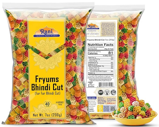 Rani Far Far/Fryums (Wheat & Tapioca Pellet) Bhindi Shape 7oz (200g) ~ Vegan, Kosher, Uncooked, Used to Make Papad, Bhungra/Chip Snack