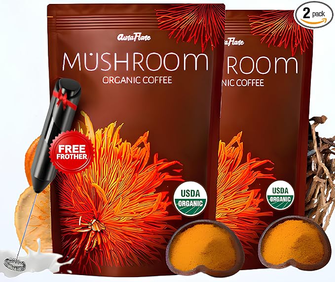 AuraFlare Organic Mushroom Coffee with 7 Adaptogenic Mushrooms | USDA Organic Instant coffee for Energy, Focus, Digestion, Immunity | Cordyceps, Reishi, Lion?™s Mane|30 Servings (Pack of 2)
