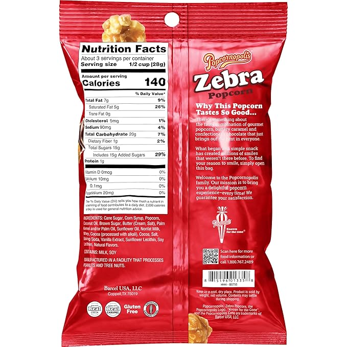 Popcornopolis Zebra Popcorn, Caramel Corn with Chocolate Flavored Stripes, Multipack, 12 Individual Bags, 3 Ounces Each