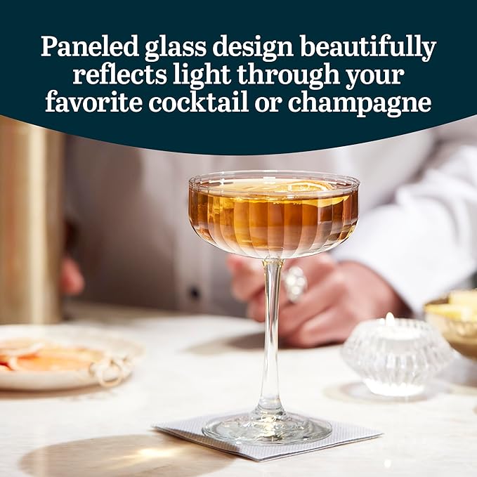 Libbey Paneled Cocktail Coupe Glasses, 8.5 Oz Fine Ribbed Line Coupe Glasses Set of 4, Dishwasher Safe Cocktail Martini Glasses