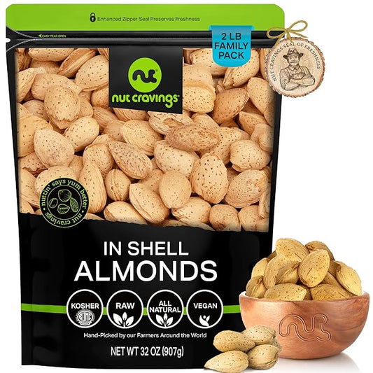 NUT CRAVINGS - In Shell Almonds - Raw, Whole, (32oz - 2 LB) Packed Fresh in Resealable Bag - Nut Snack - Food Assortments Ideal for Trail Mixed Nuts