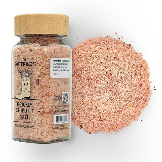 The Salted Roots - Prickly Chipotle Salt - Smoky & Fruity Seasoning - Infused with Prickly Pear, Chipotle Chiles & Lime - Perfect for Fajitas, Grilled Veggies & Cocktails - 4oz