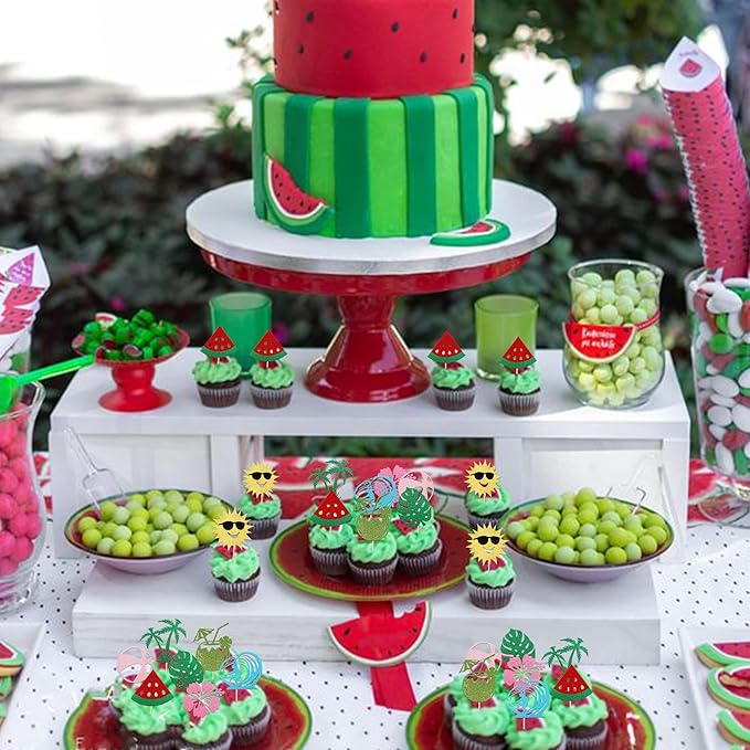 24 Pack Summer Beach Cupcake Toppers Sun Umbrella Ball Watermelon Water Gun Slippers Cupcake Picks Hawaiian Pool Theme Baby Shower Birthday Party Cupcake Decoration Supplies