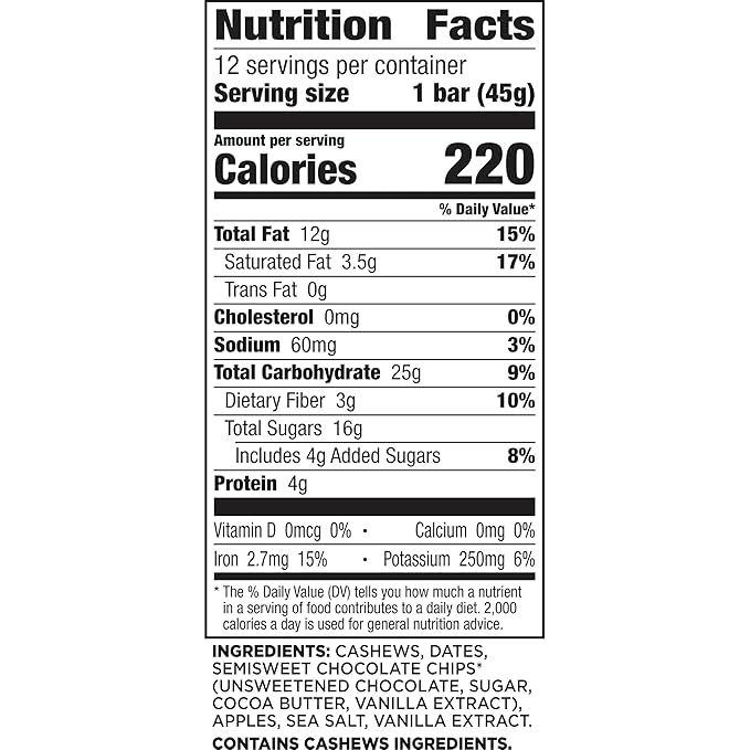 Larabar Chocolate Chip Cookie Dough, Fruit and Nut Bars, Gluten Free and Vegan, 19.2 oz, 12 Ct